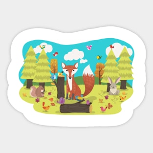 Forrest Frolic With Fox Bunny Squirrel and Birds Sticker